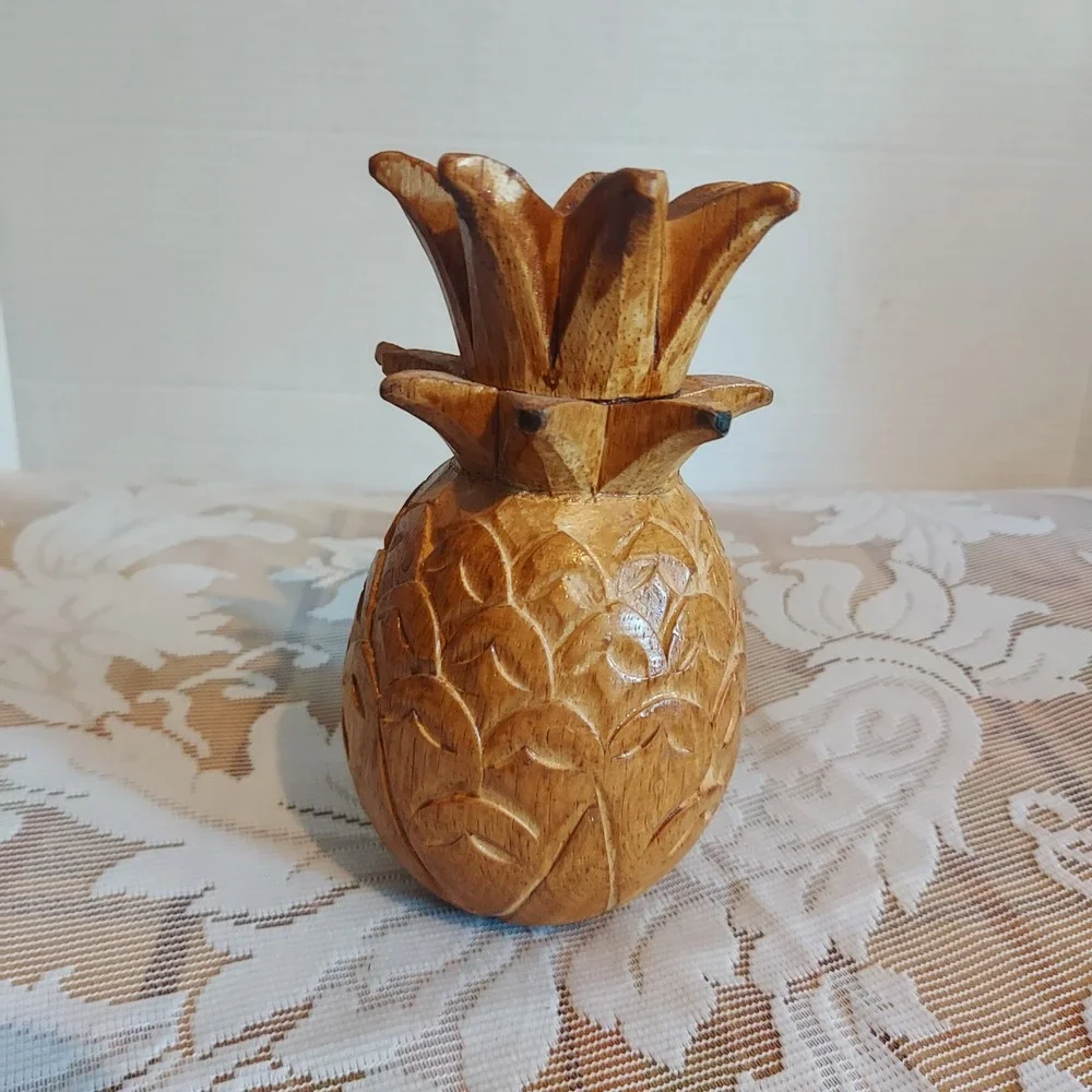 Vintage Hand Carved Wood Pineapple Figurine Tropical Tiki Decor 6x3.5 Inch